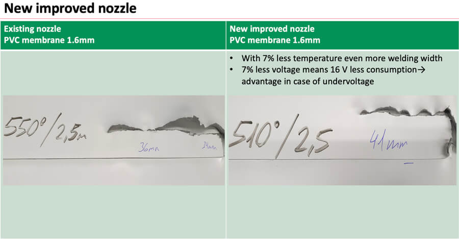UNIROOF 700/300 PVC Temperature and Voltage weld quality comparison